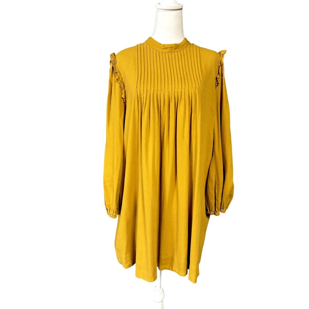 Free People Linen Dress Womens L Yellow High Neck Ruffle Swing Long Sleeve